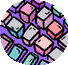 Animated sequence of circular icons with repeating 3D block patterns on purple dotted backgrounds, featuring pink, blue, and gray blocks with visible text.