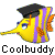 Animated contact sheet of a yellow fish mascot with purple stripes wearing a black graduation cap, displayed in 3x3 grid format across nine frames showing subtle pose variations.