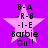 Purple background with four identical pink star-shaped icons displaying 'B-A -R-B -I-E Barbie Girl!' text in black pixelated font.