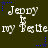 Pixelated text 'Jenny' and 'my bestie' repeated in a with blue star accents on a dark green background