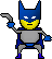 Pixelated character with blue cowl, yellow face, gray torso, and blue accents holding a curved object in raised right hand against light gray background.