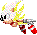 Pixelated character with yellow spiky hair, black eyes, red shoes, and white gloves in six sequential poses showing motion.