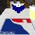 Pixelated character with white hair, blue top, red mouth, and blue lower body against a light background with dark and yellow accents.