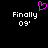 A black background displays two identical white text blocks reading "Finally 09'" with a pink pixelated heart symbol above the left block.
