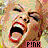 Pixelated image of a person with mouth open in shouting expression, red lips, brown hair, and 'P!NK' text below.
