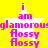 Yellow background with white star containing pink text reading "i am glamorous" and two lines of "Aossy" below, repeated in four identical quadrants.