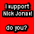 Red background with pixelated text 'I support Nick Jonas! do you?' next to a person in a pink tank top holding a '03' sign.