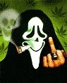 Static pixel art icon featuring a figure in black hooded cloak with white ghost mask, holding smoking cigarette and middle finger gesture against green leafy background.