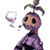 Pixelated cartoon character with purple body, black eyes, and green antennae holding a wine glass against white background.