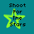Pixelated teal background with black text 'Shoot For The Stars' overlaid on a bright green star shape.