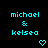 Pixelated cyan text 'michael & kelsea' on black background with two heart symbols below, displayed in a static layout.