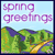 Pixelated image with purple text reading 'spring greetings' over a light blue sky above green hills and trees.