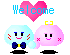 Pixel art of two cartoon characters with a pink heart and 'Welcome' text, showing animation changes in expressions and props.