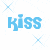 Pixelated blue text reads 'kiss my booty' with light blue starbursts on a white background, partially cropped at the right edge.