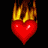 Two side-by-side animated frames of a red heart-shaped icon with yellow-orange flames on top against a black background.