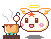 Pixel art character with angel halo, pink cheeks, and orange star on forehead holding brown pot with blue flame base.