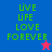 Four quadrants display green text 'LIVE LÍFE LOVE FOREVER' with a pink star in top-right and blue star in bottom-left, each quadrant on solid background color.