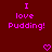 Red background with pink pixelated text reading "I love Pudding!" and two heart symbols at the bottom.
