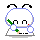 Pixelated character with white rounded head, black antennae, and blue outline holding green leafy object against gray background.
