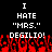 Pixelated text reads "I HATE 'MRS.' DEGILIO!" over red pixelated flames on black background.