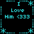 Pixel art with cyan text and symbols on black background, repeating 'Love Him <333' in four quadrants surrounded by asterisk borders