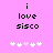Pixelated text 'i love disco' on pink background with white and light pink heart symbols below.