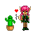 Pixel art of a green cactus in a brown pot and a pink-haired character with horns holding a shield, connected by a red heart.
