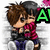 Two pixelated anime-style characters embrace, one with brown hair in a black jacket and purple pants, the other with dark gray hair in a pink striped shirt and torn jeans.
