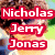 A pixelated image of a person with brown curly hair wearing dark sunglasses and a light-colored shirt, overlaid with red text reading "Nicholas Jerry Jonas" in white letters.