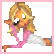 Animated pixel art of a blonde woman in pink attire holding a microphone against gray background, next to static pink Playboy Bunny silhouette on white.