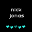 Pixelated text 'nick jonas' above cyan and teal heart symbols on black background, with animation changing heart positions.
