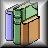 Pixelated image of stacked books with green spines and brown covers, one book leaning against others on a light background.