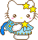 Pixelated white cat with brown whiskers and ears, yellow star accessories, blue dress with yellow stars, pink cheeks, yellow nose, holding white object with yellow star.