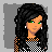 Pixelated character with long black hair, green eyes, and checkered top, standing against gray background with text elements below.