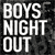 A 2x2 contact sheet of four animated frames showing a promotional graphic for 'Boys Night Out' with yellow and white text over black-and-white band imagery.