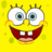 Pixelated yellow cartoon face with large white eyes, blue irises, black pupils, and a wide red mouth showing two square teeth on a bright yellow background.