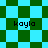 A pixelated image with green and cyan checkered patterns, four instances of the text 'kayla' in black lowercase letters, and a diamond-shaped pattern overlay.