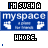 Animated sequence of blue 'myspace' banners with white icons, alternating with black text reading 'WHORE.' and small blue dots on a white background.