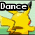 Yellow cartoon character with black-tipped ears and red cheeks dances in three distinct poses against a light green background with a darker green strip.