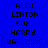 Pixelated text displays 'ALEX LINTON SUX HARRY BALLZ!!!!!!' on blue and yellow backgrounds with a gray version.