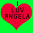 Two identical red heart-shaped icons with black text "I LUV ANGELA" on a bright green background, displayed side-by-side.