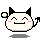 Pixelated devil icon with white face, black horns, pink cheeks, and a smiling mouth; two versions show different tail positions.