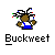 Pixelated character with brown skin, black dreadlocks with red, green, and blue accents, wearing a blue and white shirt, standing against a gray background with the text "Buckweet" below.