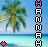 A beach scene with palm trees and blue water, featuring vertical text 'HANNA' on the right side and changing pink/orange heart icons below.
