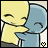 Two pixelated cartoon figures in a kissing pose, one yellow with closed eyes and the other blue with curved mouth, on light background.
