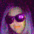 Pixelated image of a character with long dark hair and light skin, wearing a purple headband with pink accents against a dark purple background.
