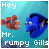 Animated sequence of two cartoon fish characters against a blue background with text reading "Hey" and "Mr. Grumpy Gills." The orange clownfish turns its head left to right while the blue tang fish's mouth opens wider.
