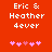 Red background with white pixelated text 'Eric & Heather dever' and five pink heart icons below, two versions of the same design side-by-side.