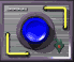 Four identical display a blue circular button with yellow L-shaped accents on gray backgrounds, showing animation changes in the button's surface