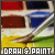 Pixelated icon with four colored rectangular sections above a landscape scene featuring yellow and green fields, brown ground, and white lines on blue sky.